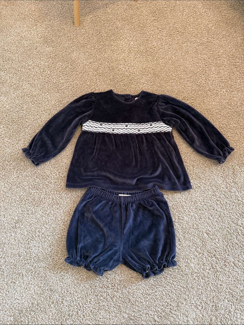 The Beaufort Bonnet Company Navy Velvet Smocked Kids Matching Set 2T